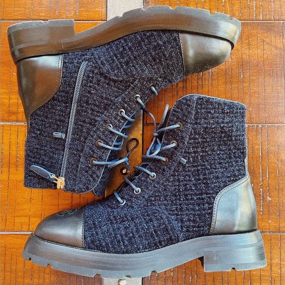 CHANEL Shoes - CHANEL Navy Tweed Calfskin Lace Up Combat Boots